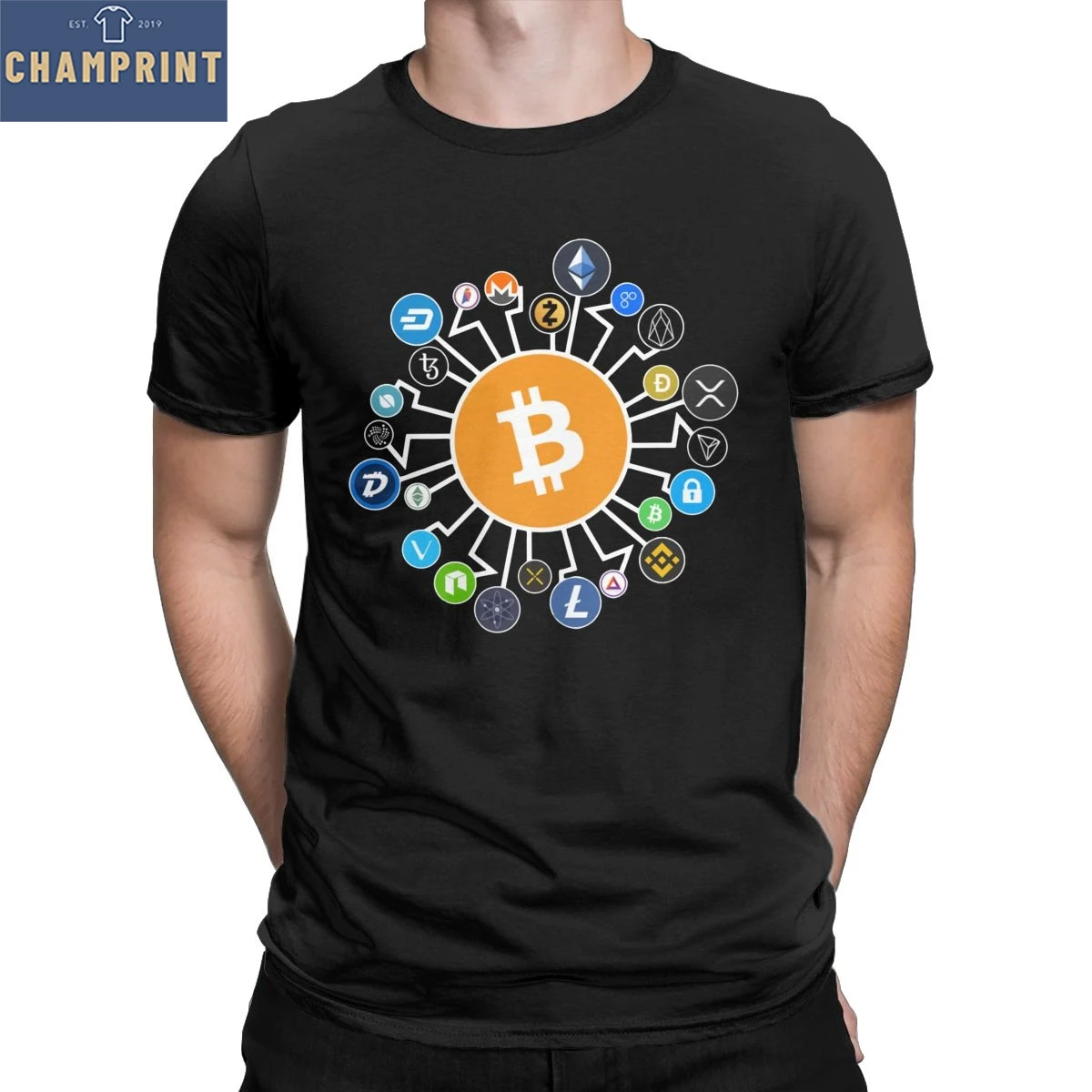 Мужские футболки с принтом биткоинов криптовалюты BTC новые круглым воротником