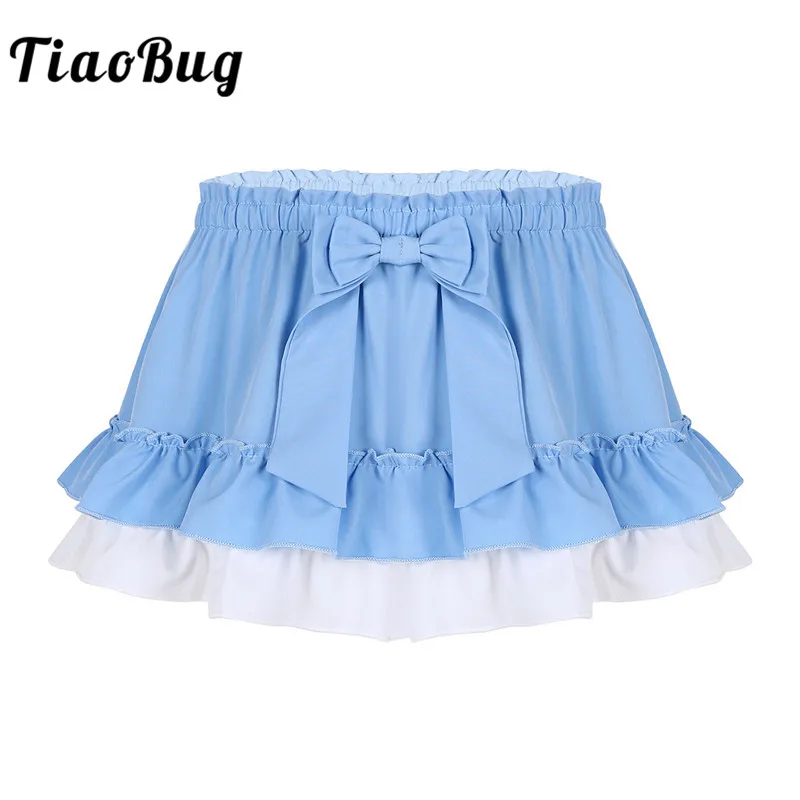 

TiaoBug Adult Elastic High Waist with Bowknot Frilly Ruffled Hem A-line Kawaii Fancy Mini Skirt Unisex Women Men Sissy Costume