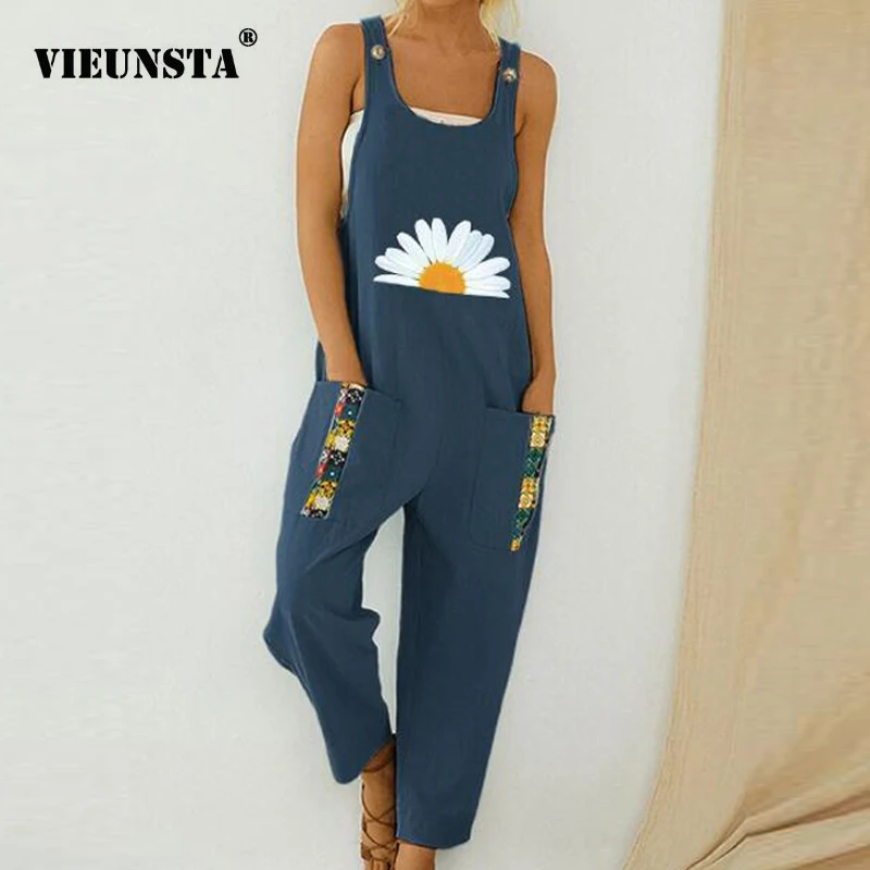 Retro Flower Print Cotton Linen Women Jumpsuit Summer Elegant Button Strappy Backless Bodysuit Sexy Pocket Loose Trousers Romper Retro Flower Print Cotton Linen Women Jumpsuit Summer Elegant Button Strappy Backless Bodysuit Sexy Pocket Loose Trousers Romper
