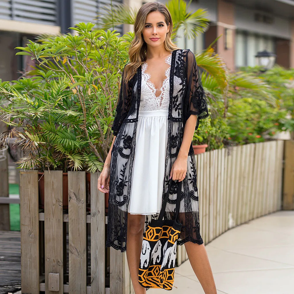

Fashion Women Sexy Nightgown Cardigan Beach Smock Loose Sheer Mesh Embroidered Swimwear Beachwear Bathing Suit Cover Up
