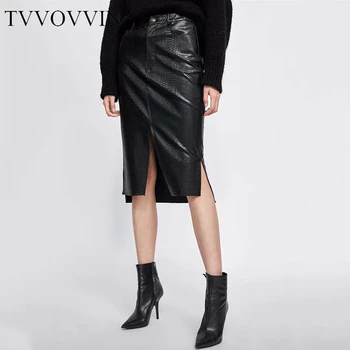 

TVVOVVIN Split Women Asymmetry Skirt Pu Leather Serpentine Skirts Womens Vintage Sexy Black Long High Waist Skirts 2020 V25O