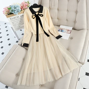 

Autumn Winter 2020 Women 2pcs Set Elegant Turn-down Collar Knitted Short Sweater + High Waist Mesh Dress Female Two Piece Sets