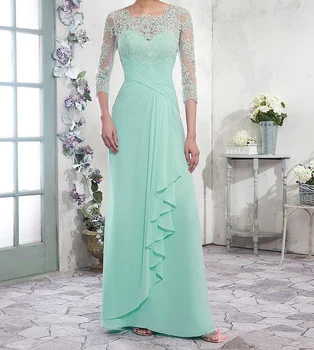

int Green Chiffon A-line Mother of the Bride Dresses 3/4 Sleeve Sheer Neck Pleat Lace Wedding Party Guest Mother Evening Dresses