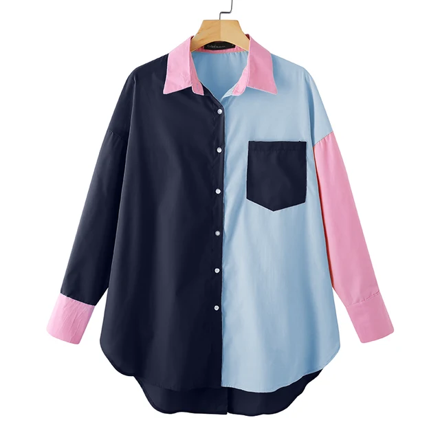 Celmia 2021 Fashion Women Long Shirt Elegant Long Sleeve Blouse Casual Buttons Vintage Tops Color Patchwork Asymmetrical Blusas Navy