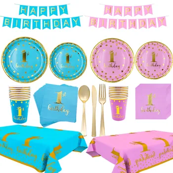 

Baby 1st Birthday Disposable Tableware Pink Blue Plate Cup Napkin One Year First Birthday Party Table Decor Baby Shower Supplies
