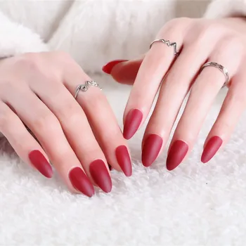 

24pcs/box Matte Wine Red oval head false nails matte European Solid Color Pointed press on nails Beauty Nail tips for Women
