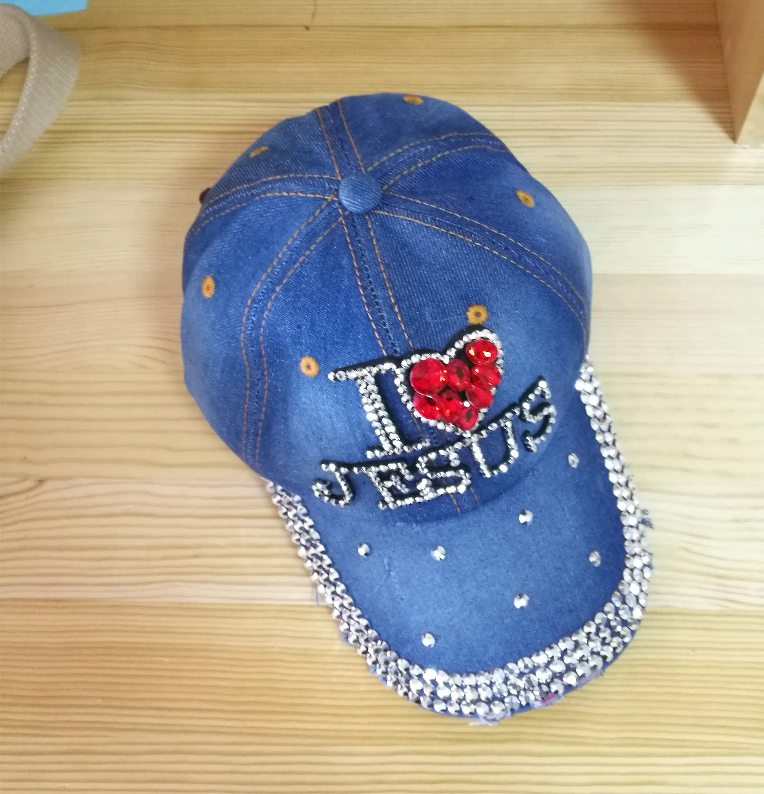 black baseball cap WJ7621  i love red heart Jesus Denim jeans cloth  Artificial stones bling bling Cotton  Baseball Caps green baseball cap