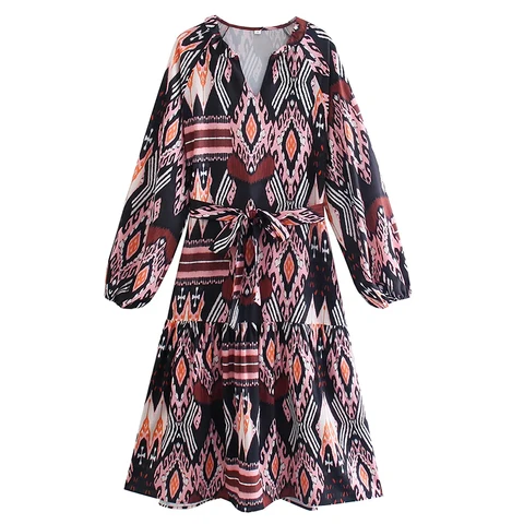 Patchwork Printed Midi Dresses Casual V Neck Lantern Long Sleeve Dresses With Sashes Female A Line Party Dress