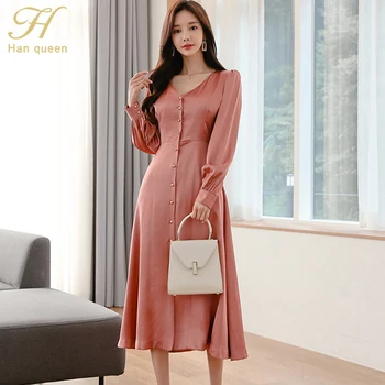 

H Han Queen Solid Color V-neck A-line Swing Dress Women 2019 Autumn Bottoming Dresses Casual France Style Work Mid-calf Vestidos