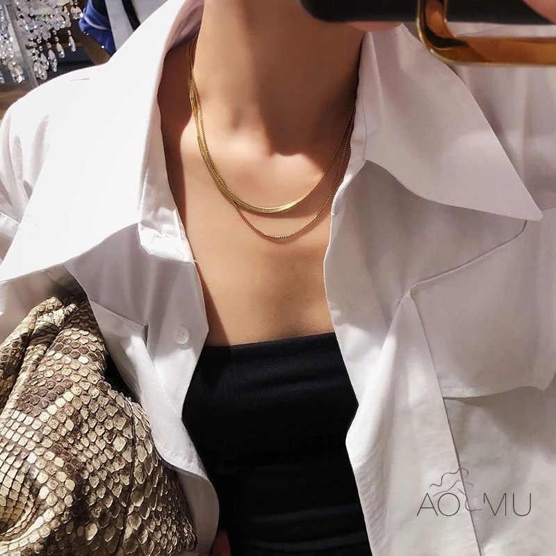 AOMU 2020 New Multi Layered Flat Blade Snake Link Chain Choker Necklace for Women Vintage Jewelry Metal Simple Collar | Украшения и