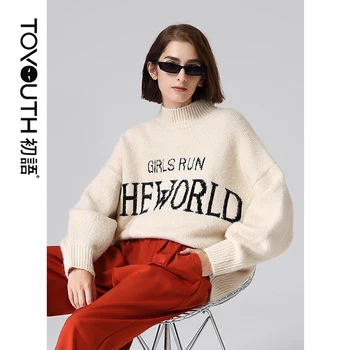 

Toyouth Women Letter Printed Long Sleeve Winter Sweater Casual Loose Round Neck Pullovers Sweater