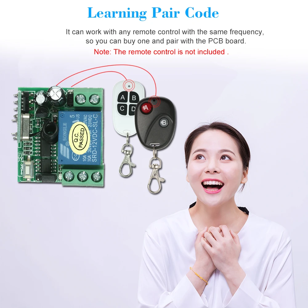 

Wireless Relay RF Receiver Module DC 12V 1CH 433MHz Universal For 1527 Learning Code Transmitter Remote