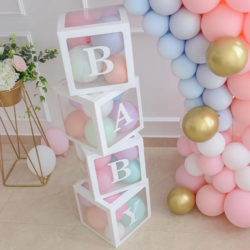 

4Pcs/Set Plastic Balloon Box With "BaBy/Love"Sticker Transparent Print Cube Gift Organizer For Baby Shower Wedding Birthday