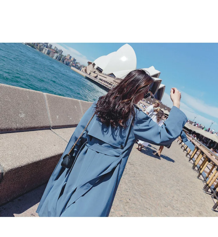 Шикарный Стиль Тренч Женская одежда осенняя синяя свободная ветровка с поясом Верхняя одежда карамель выше колена длинное женское пальто