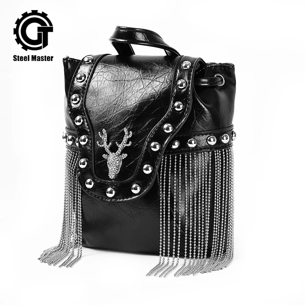 

Punk Rock Womens Backpack Black Leather Deer Tassel Rivet Bag New Style