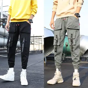 

2019 Men Solid Color Ankle Banded Pockets Streetwear Long Sweatpants Cargo Trousers Men's solid color multi-pocket overalls