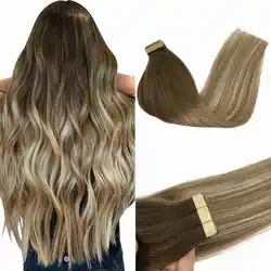 POPUKAR Human Hair Extensions Tape in 18 Inch Walnut Brown to Ash Brown and Bleach Blonde Straight Remy Human Hair for Women