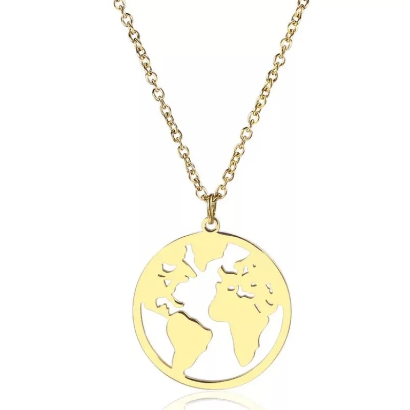 

High Polish Gold Map Bracelet Stainless Steel World Map Necklace Round Circle Map Hook Earring