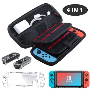 

4 in 1 For Switch Protective Accessories Cover Case Card Slots,Transparent Switch Cover Tempered Screen Protector