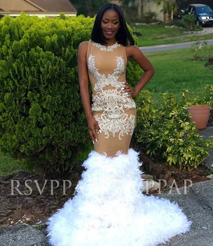 

White Mermaid Long Prom Dresses 2020 African Girl Stunning Appliques Top Feathers Custom Made Prom Gowns