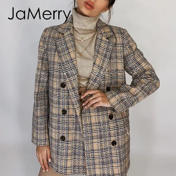 

JaMerry Elegant autumn winter plaid women blazer Causal long sleeve women coat Office lady tailored collar women outwear