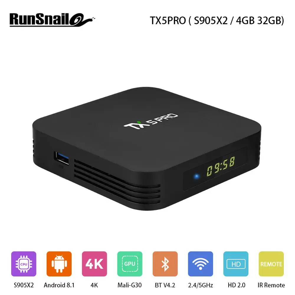 

Runsnail New Smart TV Box TX5PRO S905X2 Quad Core Android 8.1 IR Learning Remote BT 4.2 2.4G/5G WIFI Media Player