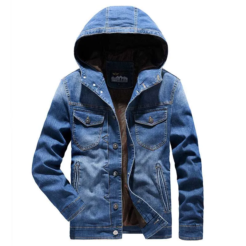 Men Cargo Casual Hooded Denim Jackets Multi Pockets Solid Color Jackets Coats For Male Size M-5XL Blue (4)