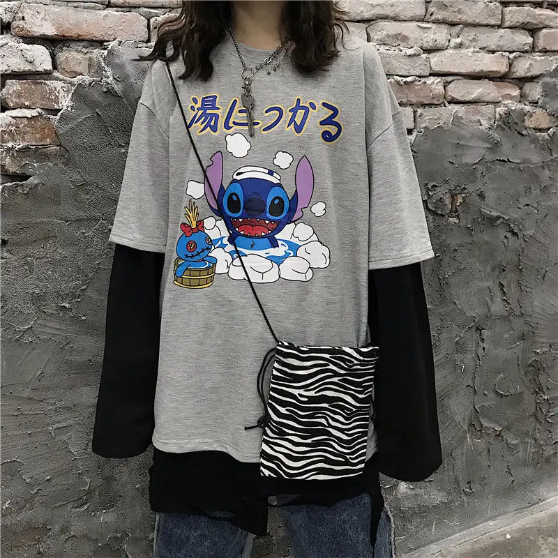 Для женщин Harajuku Винтаж футболка с длинным рукавом для девочек; корейский в стиле "петчворк" с надписями и принтом с О-образным вырезом, с эластичной резинкой на весну и зиму Топ Femme