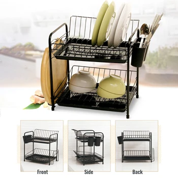 

2-Tier Kitchen Dish Storage Drain Rack Set Free Punching Organizer Tools Plate Bowl Spoon Storage Frame Steel Storage Basket 1pc