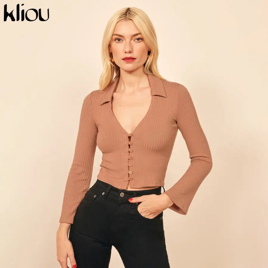 

Kliou 2020 solid slim fit Low bosom tee shirt crop top spring new elegant office lady skinny cardigan top simple streetwear