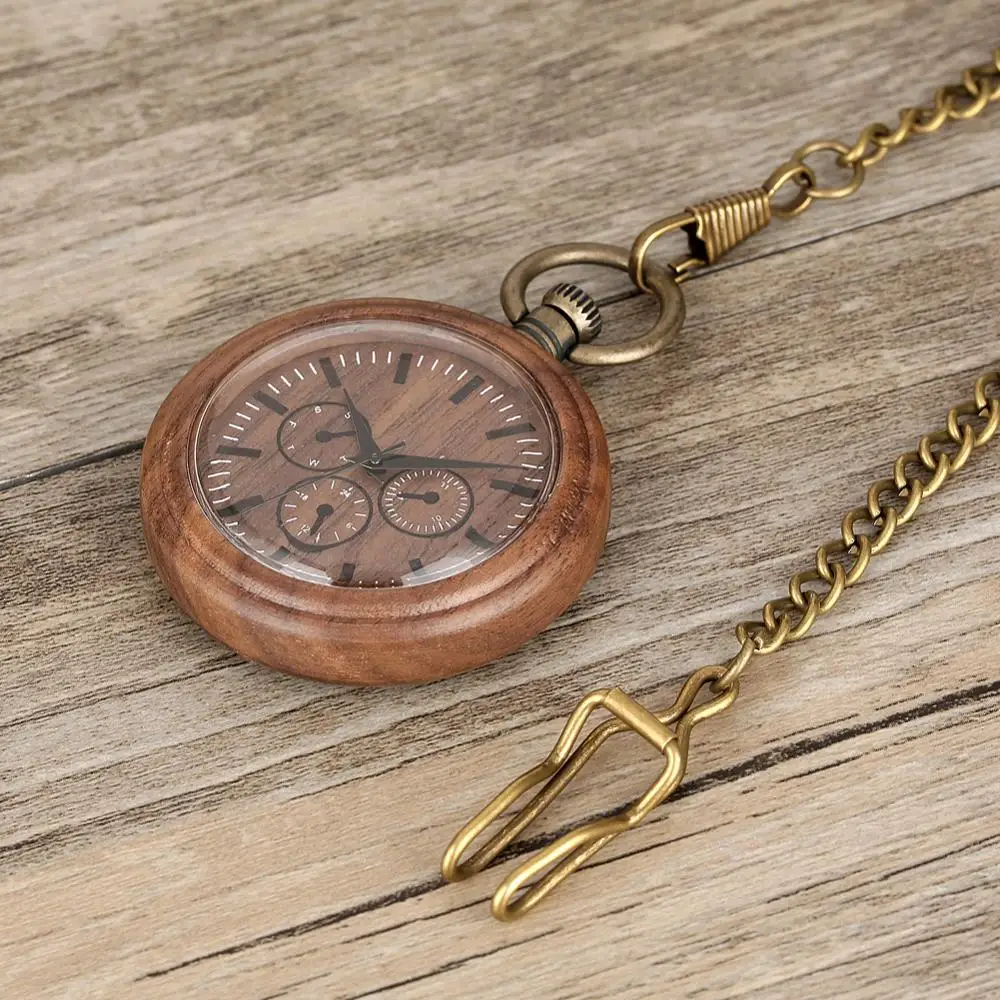 Wood Pocket Watch Walnut Three Eyes Wooden Pendant Watches Open Face Chian Watch Unique Mens Gifts montre gousset homme