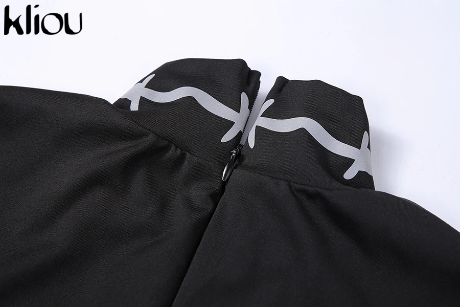 Kliou women black turtleneck reflective print t-shirt sexy backless hollow out crop top new female long sleeve top tshirt