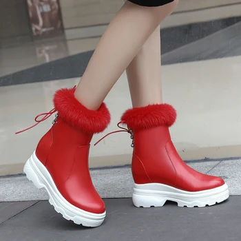 

2020 Warm Fur Ankle Boots For Women Winter Shoes Flat Platform Round Toe Rabbit Fur Headband Cross-Tied Ladies Snow Boots White