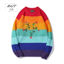 ^^Best Offers RLJT.JIN 2019 High quality 7 color stitching super size casual pullover men Winter warm sweater flower pattern rainbow colors ^^Best Offers RLJT.JIN 2019 High quality 7 color stitching super size casual pullover men Winter warm sweater flower pattern rainbow colors