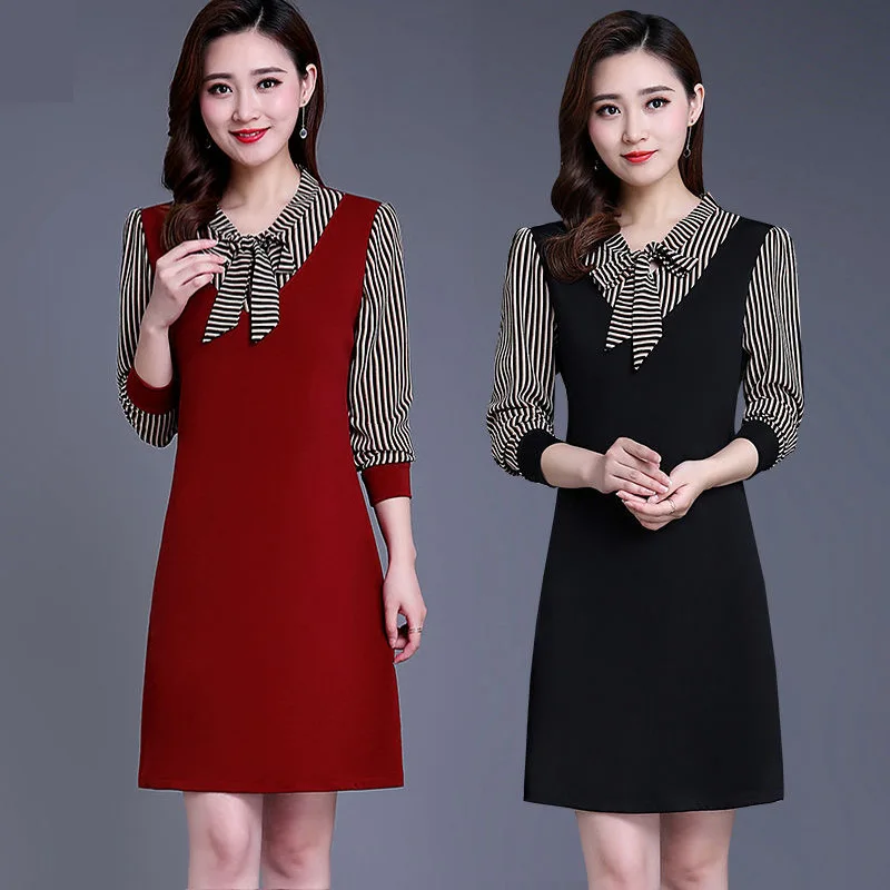 

2019 Spring New Style Middle-aged WOMEN'S Apparels Autumn Long-sleeved Dress Fashion Middle-aged Women Dress Mid-length Base Ski
