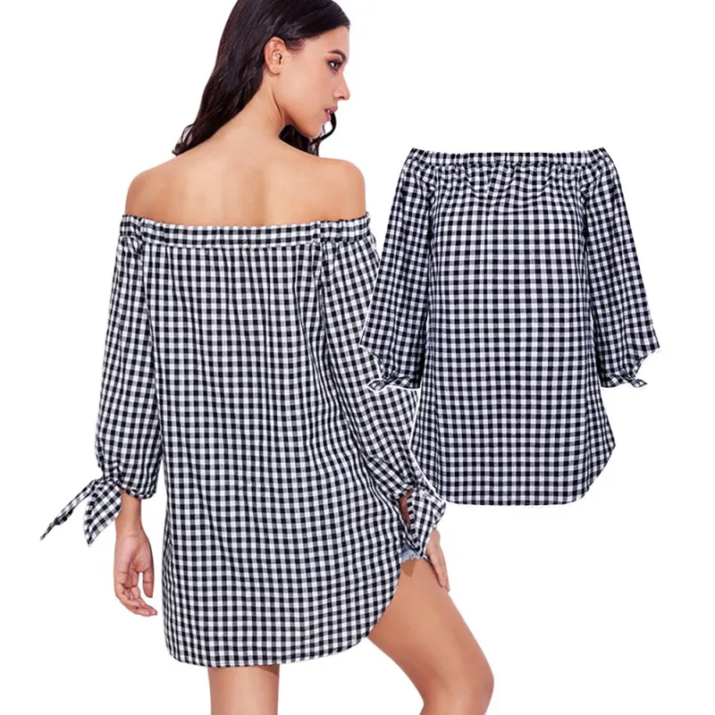 Осенняя одежда с вырезом лодочкой, длинный рукав, новинка, с открытыми плечами, клетчатый узор, Длинные Топы, модные милые женские футболки с бантом, XL
