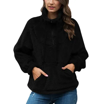 

Women Soft Plush Sweatshirt Long Sleeve Zipper Up Stand Collar Warm Pullovers Tops -MX8