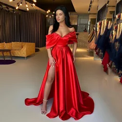 SoDigne Satin Red Long Evening Dresses With Side Slit Off The Shoulder Pleats Women Prom Gowns Formal Party Dress