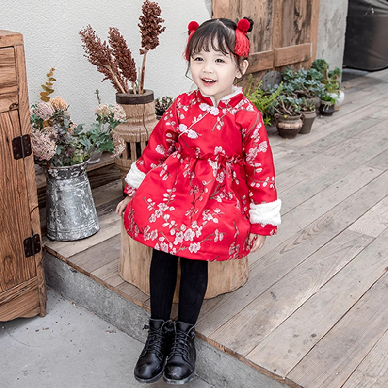 Традиционная китайская одежда для девочек; зимнее красное платье с вышивкой; подарок на год; Хлопковое платье с длинными рукавами в китайском стиле