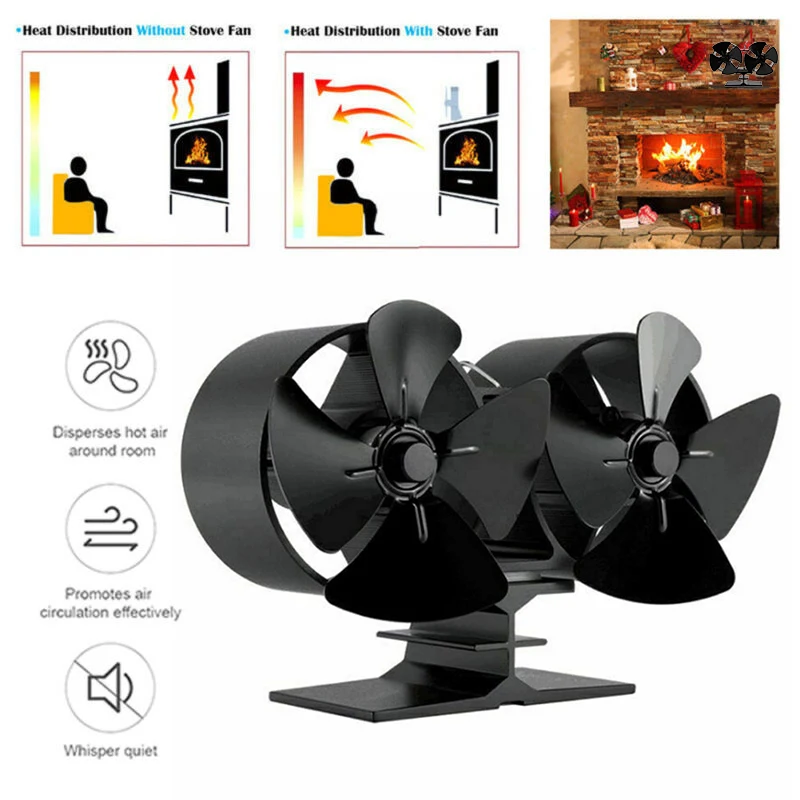 Double Motor Stove Fan Fire Heat Powered Wood Burner Home Fireplace Accessory