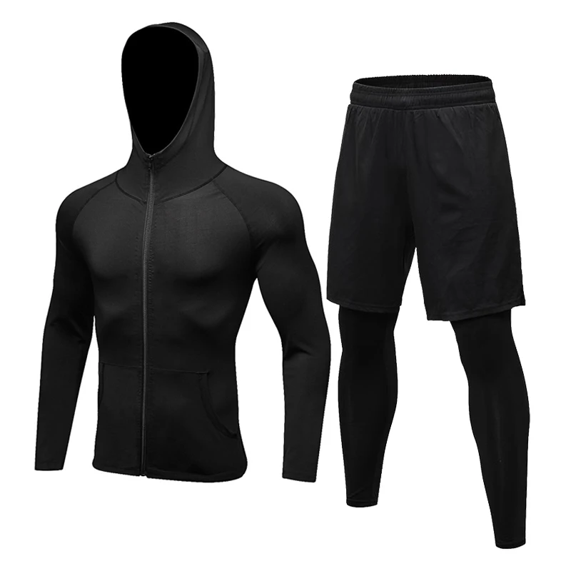 Осенний мужской компрессионный Комплект зимний термальный спортивный костюм для спортзала и фитнеса набор для бега тренировочные костюмы поддельные обтягивающие штаны спортивное пальто - Цвет: Black-black pant