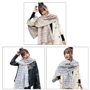 

190x60cm Korean Ladies Winter Pashmina Large Scarf Contrast Colored Plaid Stripes Shawl Wrap Thicken Warm Travel Tassels Blanket