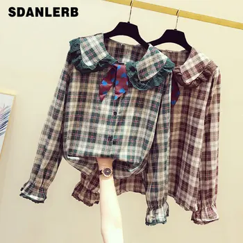 

2020 Spring New Plaid Shirt Female Korean Style Long Sleeve Lace Doll Collar Bell-Sleeve Retro Lattice Shirt Blouse Female Top