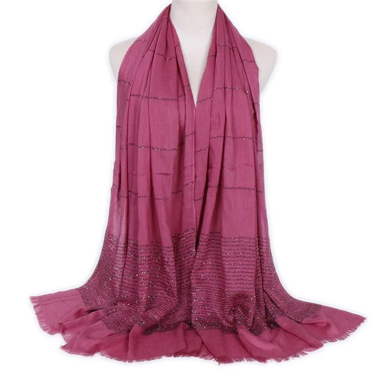 Розово-красный Luxury Crystal women Hi jab Scarf Striped wrap female bufanda Arab women headband - Цвет: Розово-красный