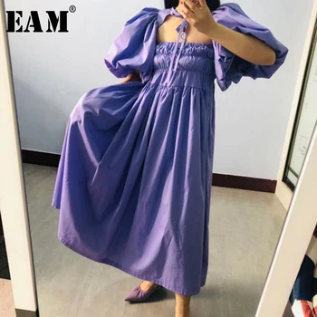 

[EAM] Women Purple Pleated Long Big Size Dress New Strapless Puff Sleeve Loose Fit Fashion Tide Spring Summer 2020 1X443