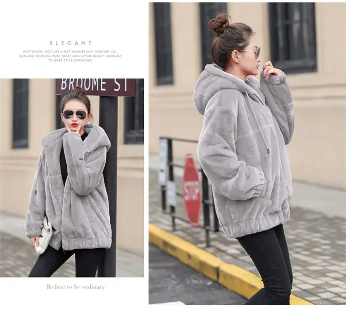 Faux Rex Rabbit Fur Coat Female Winter New Long Sleeve Korean Loose Plush Thick Hoodies Sweatshirt Jacket For Women f2084