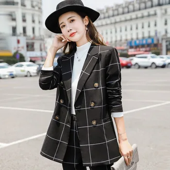 

Women's suit 2019 autumn new fashion casual temperament elegant loose lattice suit trousers double-breasted two-piece