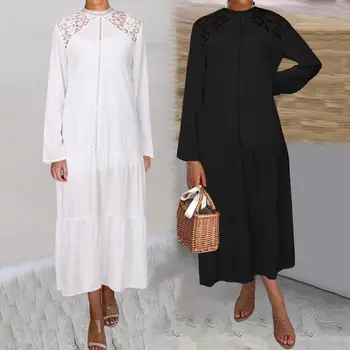 

Plus Size Sundress Women Long Sleeve Lace Stitching White Dress 2020 Celmia Ladies Casual Loose Hollow Sexy Midi Vestidos Robe