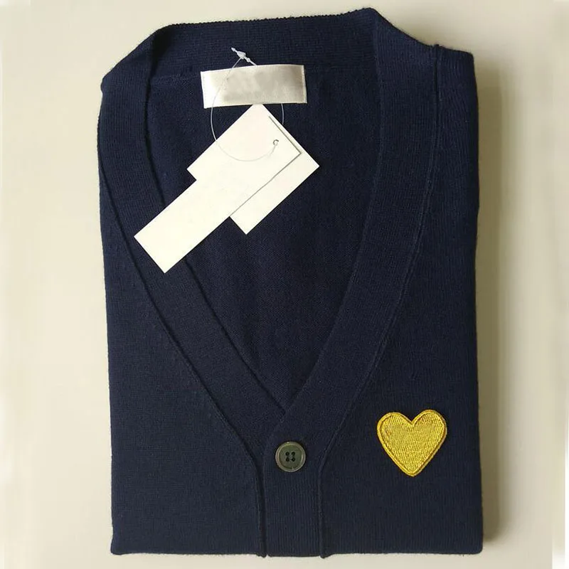 Мужской шерстяной свитер с длинными рукавами с сердечком, персиковый теплый мужской свитер-кардиган, вязаные Повседневные свитера с вышивкой для осени и зимы с глазами - Цвет: Navy Blue with gold