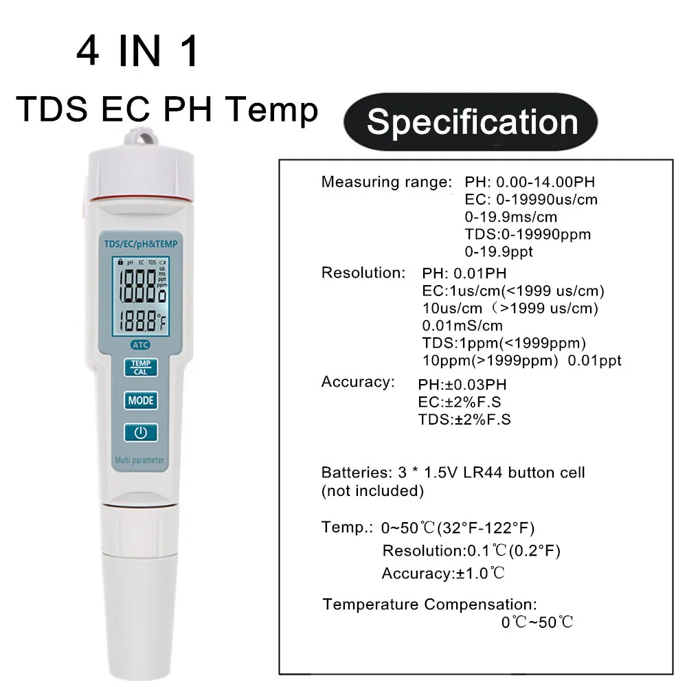 PH Meter, Water Quality Tester Professional 4 IN 1 TDS PH EC Temp Meter PH Tester Water Quality Testing
